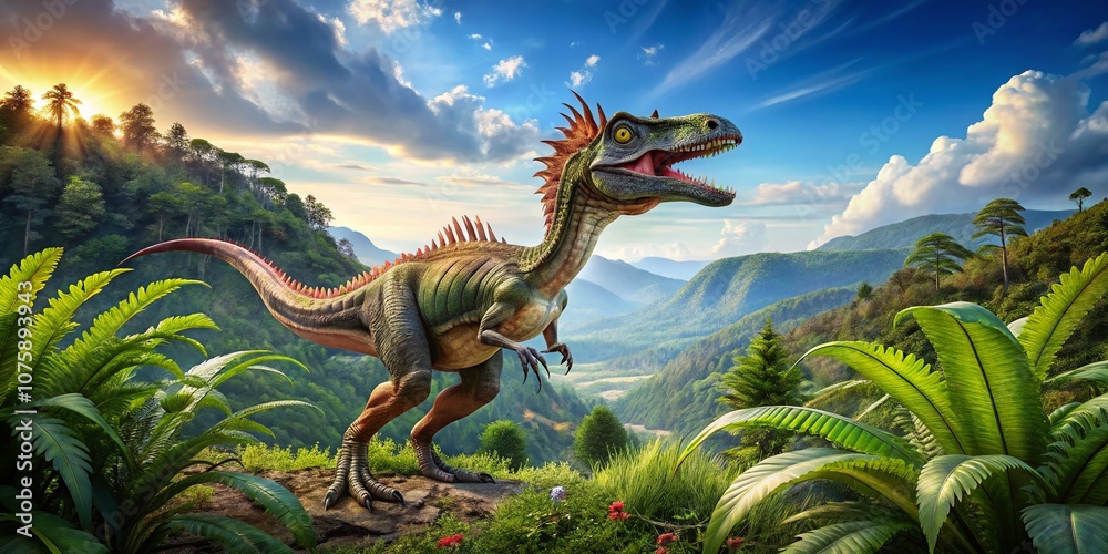 Naklejka premium Realistic depiction of a Dilophosaurus dinosaur in its natural habitat during the early Jurassic period in the United States, showcasing vibrant colors and intricate details in a high depth