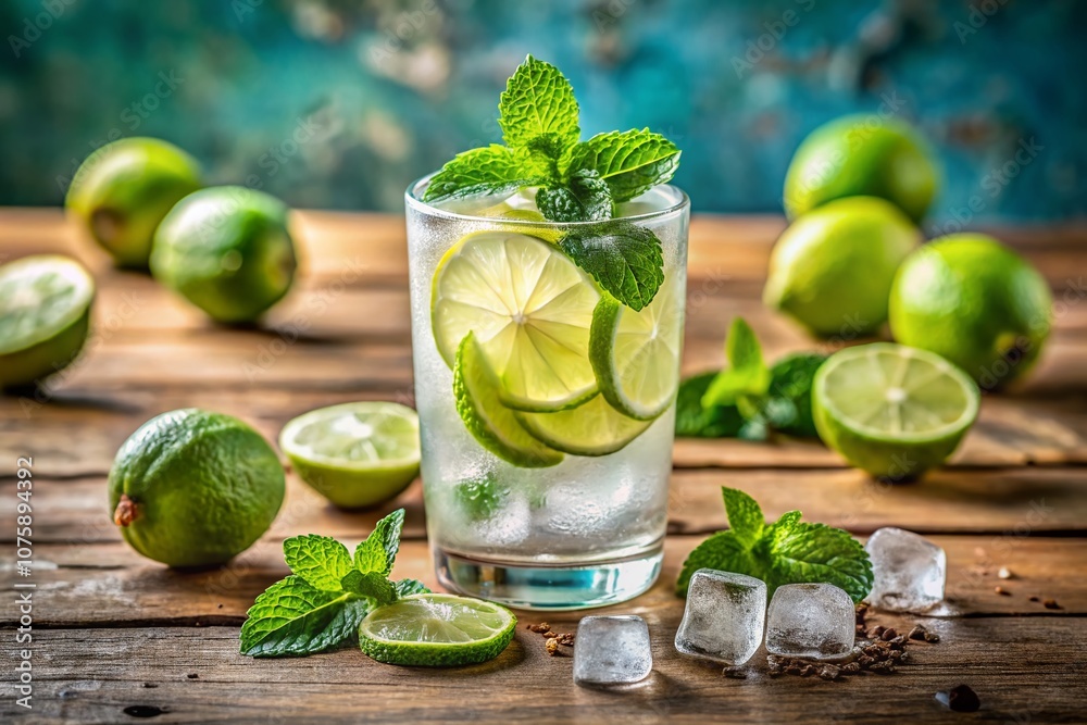 Refreshing Iced Lime Soda with Mint Leaves Served in a Clear Glass on a Wooden Table Against a Bright Summer Background, Perfect for Quenching Thirst on a Hot Day Refreshing Iced Lime Soda with Mint Leaves Served in a Clear Glass on a Wooden Table Against a Bright Summer Background, Perfect for Quenching Thirst on a Hot Day