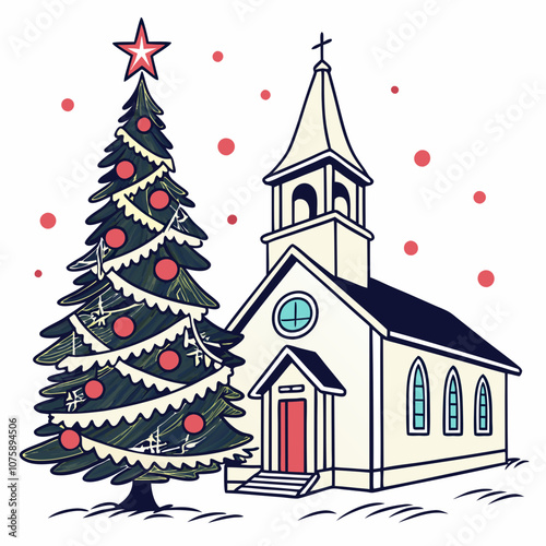 Christmas card with Christmas tree and gifts with Christmas decorating ideas with Christmas tree and church for happy ' Christmas Day ' greetings 