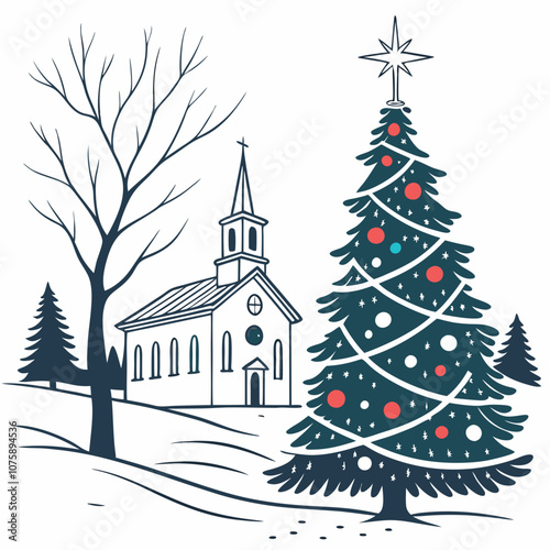 Christmas card with Christmas tree and gifts with Christmas decorating ideas with Christmas tree and church for happy ' Christmas Day ' greetings 