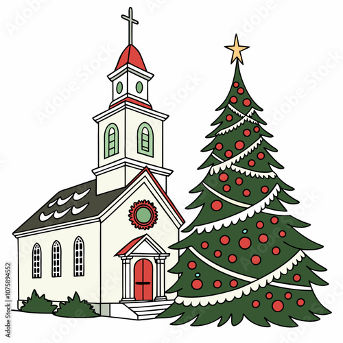 Christmas card with Christmas tree and gifts with Christmas decorating ideas with Christmas tree and church for happy ' Christmas Day ' greetings 