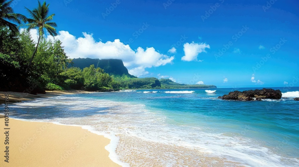 Dynamic ocean waves and bright blue skies create a serene travel backdrop Dynamic ocean waves and bright blue skies create a serene travel backdrop