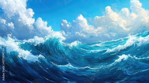 Dynamic ocean waves and bright blue skies create a serene travel backdrop