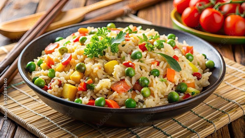Fried rice dish with vibrant vegetables , stir-fry, Asian cuisine, food photography, colorful, fried, vegetarian, healthy, meal Fried rice dish with vibrant vegetables , stir-fry, Asian cuisine, food photography, colorful, fried, vegetarian, healthy, meal