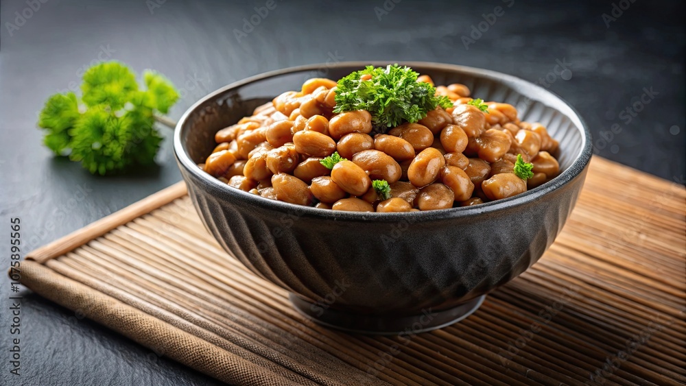 Fresh natto served on a sleek monochrome background, natto, Japanese food, healthy, fermented soybeans, traditional Fresh natto served on a sleek monochrome background, natto, Japanese food, healthy, fermented soybeans, traditional