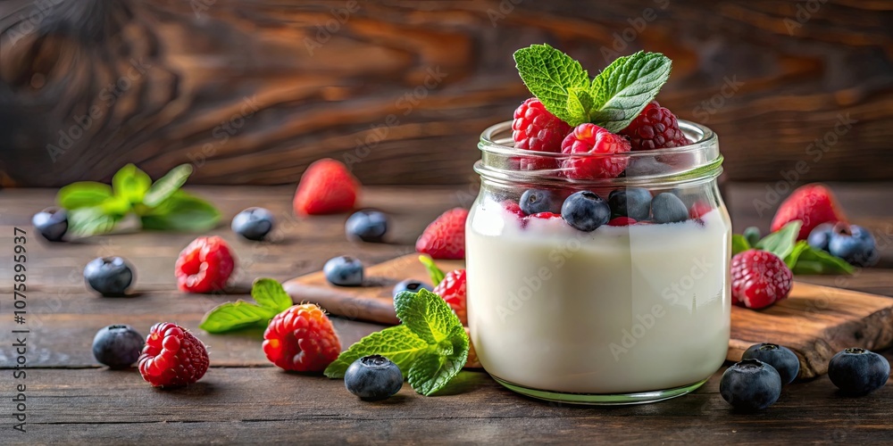 Natural organic yogurt in a glass jar topped with fresh berries, healthy organic food product, yogurt, organic, natural, glass jar Natural organic yogurt in a glass jar topped with fresh berries, healthy organic food product, yogurt, organic, natural, glass jar