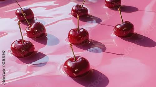 Fresh cherries floating in water with sunglitter on a vibrant pink floor, a refreshing and vivid composition. photo