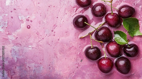 Fresh cherries in water on a vibrant pink floor, sunglitter creating a bright, cooling effect in a refreshing top view. photo