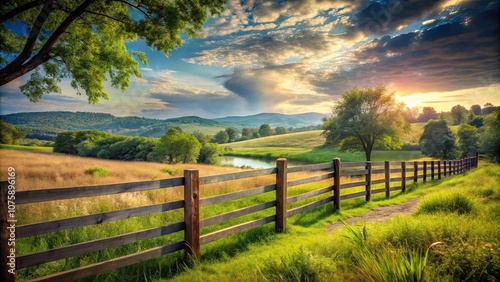 Scenic landscape featuring wooden fence , countryside, nature, rustic, wooden, boundary, serene, peaceful, rural, farm, barrier