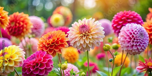 Colorful dahlias blooming in a summer garden, dahlias, flowers, garden, summer, colorful, blooming, nature, outdoors