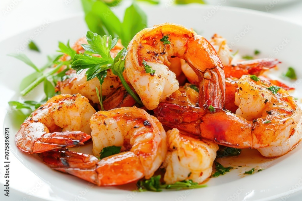 Close-up of grilled shrimp on a white plate with parsley. Close-up of grilled shrimp on a white plate with parsley.
