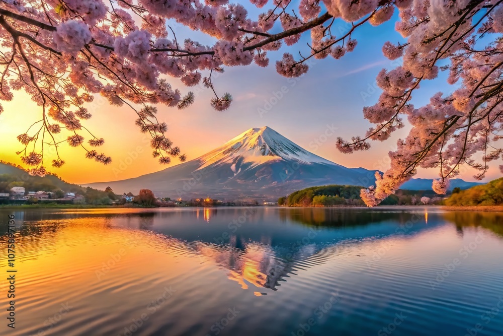 Obraz premium Serene Japanese Landscape Featuring Mount Fuji at Sunrise with Cherry Blossoms and Tranquil Lake Reflections in a Stunning Candid Photography Style