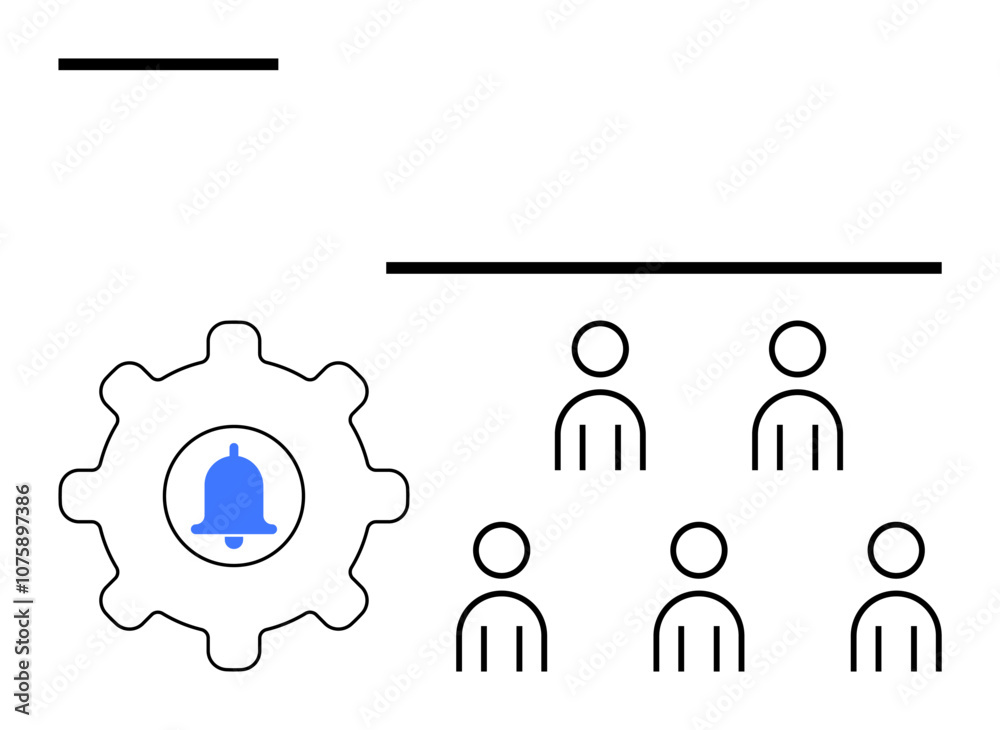 Gear with blue bell icon six people lines indicating notification settings, collaboration, team management. Ideal for teamwork, organization, communication, alerts, productivity, structure, user Gear with blue bell icon six people lines indicating notification settings, collaboration, team management. Ideal for teamwork, organization, communication, alerts, productivity, structure, user