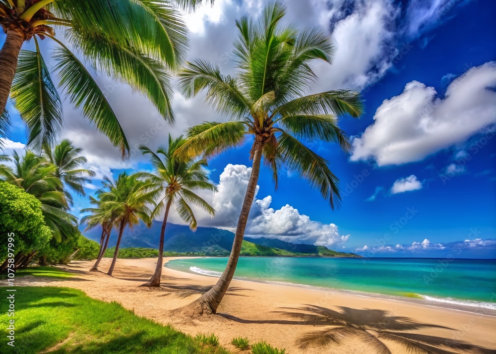 Fototapeta premium Serene Minimalist Landscape of Kanaha Beach Park in Maui: Tranquil Waters, Soft Sand, and Lush Greenery Under a Clear Sky, Perfect for Nature Lovers and Relaxation Enthusiasts