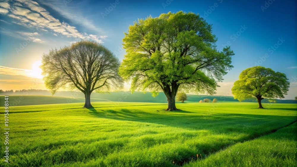 Serene Minimalist Spring Landscape Featuring Lush Green Grass and Majestic Trees Under a Clear Blue Sky for Nature Lovers and Tranquil Retreats Serene Minimalist Spring Landscape Featuring Lush Green Grass and Majestic Trees Under a Clear Blue Sky for Nature Lovers and Tranquil Retreats
