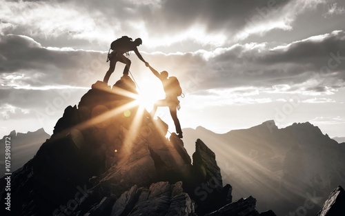 two mountain climbers silhouetted against a dramatic sunrise or sunset. One climber is standing at the peak, reaching down to assist the other climber who is just below, reaching up.