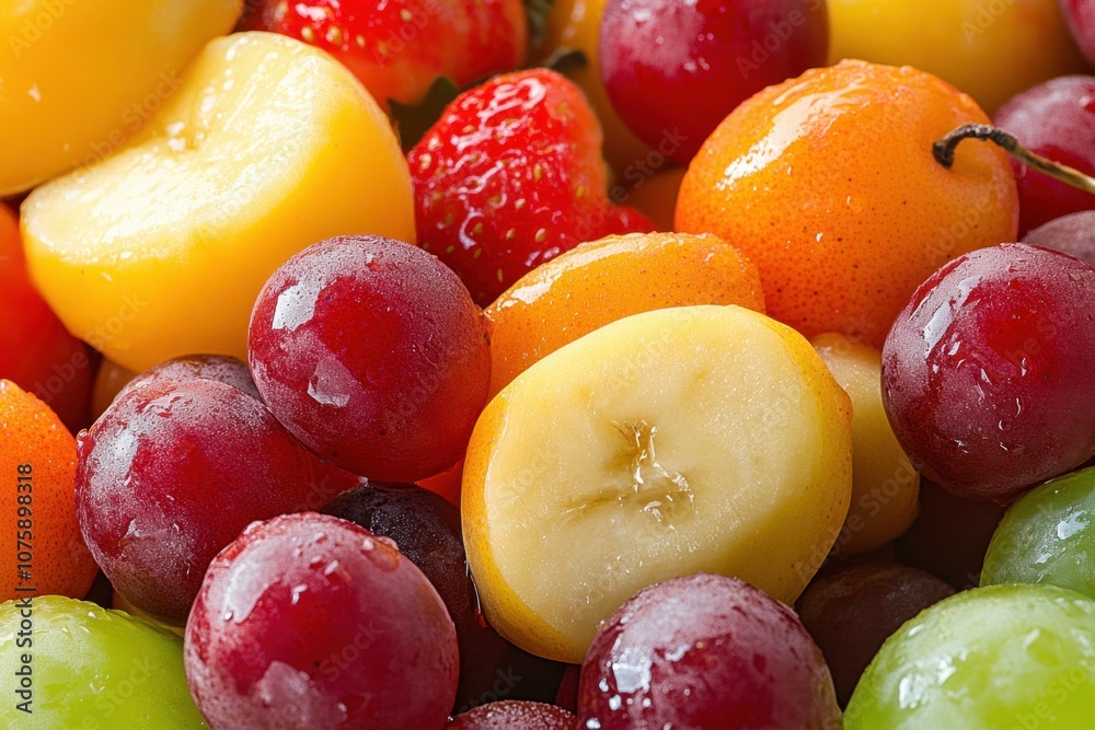 Closeup of red, green, and yellow grapes, sliced strawberries, and apricots. Closeup of red, green, and yellow grapes, sliced strawberries, and apricots.