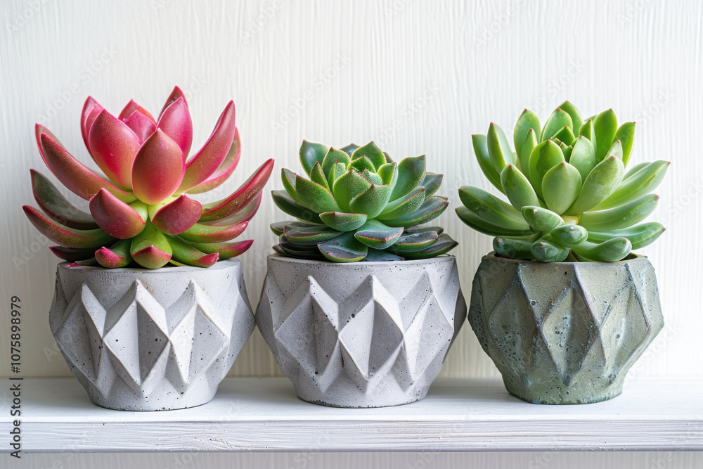 Green, red and pink succulent plants and green cactus in modern geometric cement planters Green, red and pink succulent plants and green cactus in modern geometric cement planters