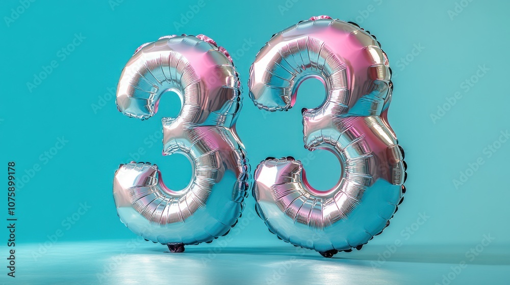 Silver number 33 balloons on a light blue background.