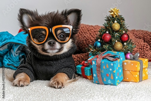 cute chihuahua dog with stylish fasioned glasses smile and joyful with christmas tree decorating and colorful present gift box festive concept photo