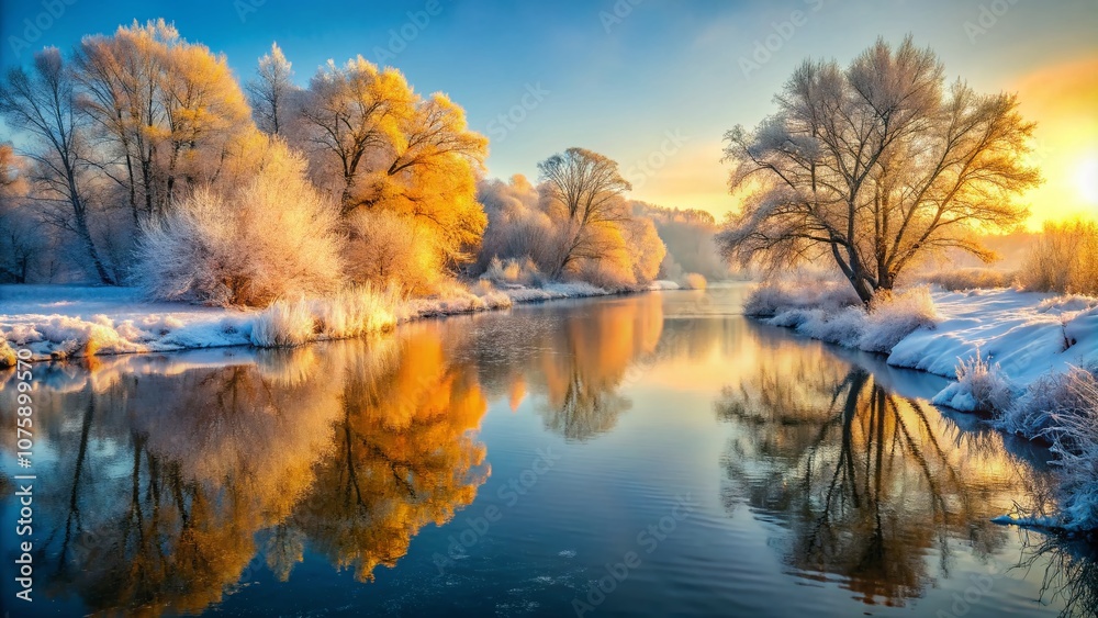 Serene Winter Morning Sunlight Glimmers on a Tranquil River Surrounded by Majestic Tall Trees, Creating a Dreamy Atmosphere of Nature’s Beauty and Peacefulness Serene Winter Morning Sunlight Glimmers on a Tranquil River Surrounded by Majestic Tall Trees, Creating a Dreamy Atmosphere of Nature’s Beauty and Peacefulness