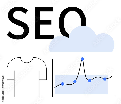 SEO text t-shirt outline graph with trend line cloud. Ideal for digital marketing, data analysis, e-commerce, online trends, search engine strategies, web, v20site ranking, growth. Line metaphor photo