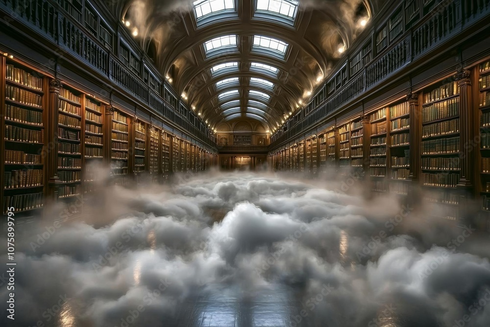 empty of An eerie, dimly lit library filled with old books and shrouded ...