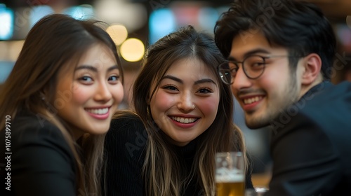 Friends share joyful moments over drinks at a bar