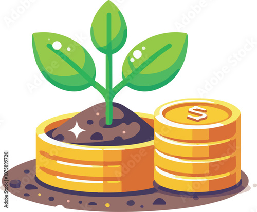 a seedling is growing on coin lying on the ground, green investment concept