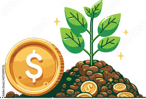 a seedling is growing on coin lying on the ground, green investment concept