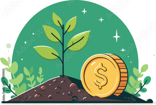 a seedling is growing on coin lying on the ground, green investment concept