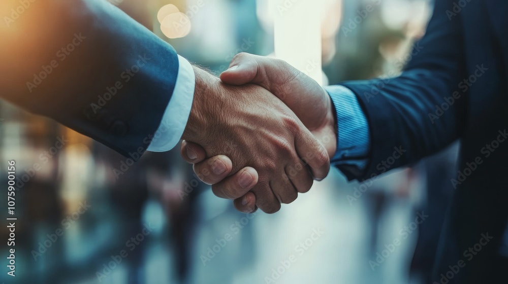 Handshake between two business professionals in a modern city setting. Business partnership and success concept Handshake between two business professionals in a modern city setting. Business partnership and success concept
