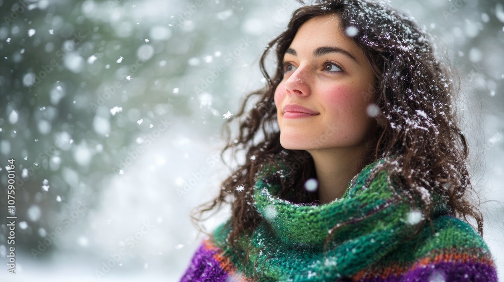 Woman enjoying winter snowfall in vibrant scarf, close-up portrait. Serenity and nature appreciation concept Woman enjoying winter snowfall in vibrant scarf, close-up portrait. Serenity and nature appreciation concept