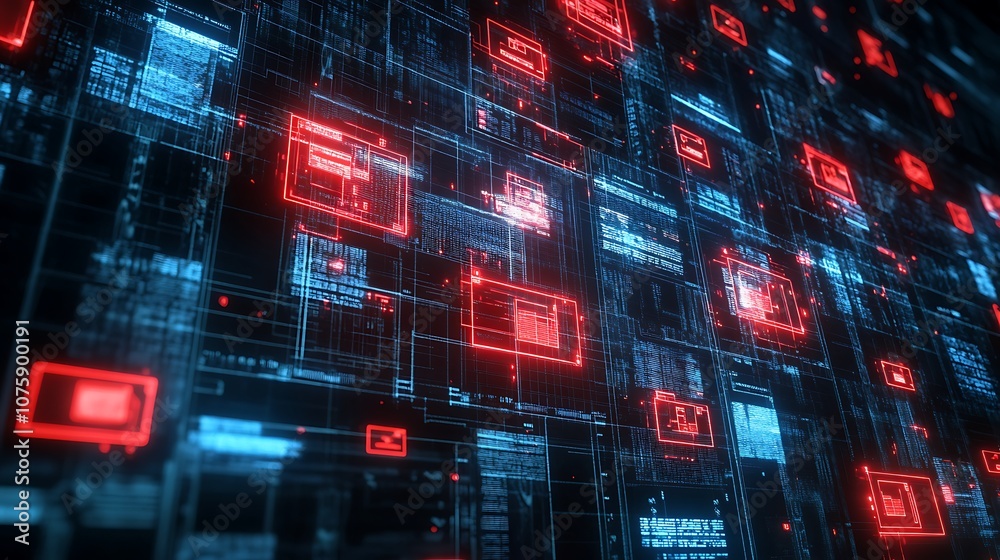 Obraz premium A digital network visualization with glowing red and blue data elements, representing technology and information flow.