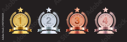 Gold, Silver, Bronze, and Rose Gold Medal Vectors: First, Second, Third Place Badges with Ribbons, Podium and Olive Branches. Vector.