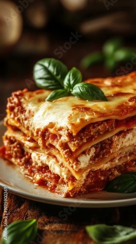 Delicious homemade lasagna with basil garnish, food photography. Italian cuisine and comfort food concept