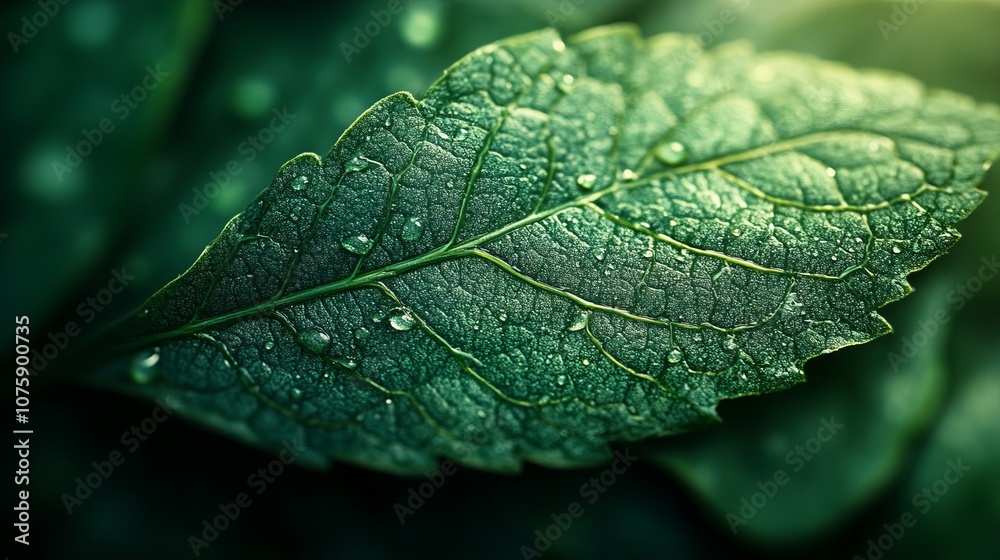 Close-up of green leaf with water droplets, nature detail. Botanical freshness and tranquility concept Close-up of green leaf with water droplets, nature detail. Botanical freshness and tranquility concept