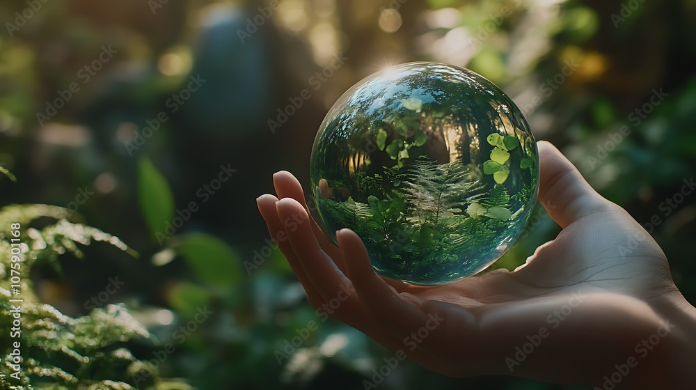 Hand holding glass globe with forest background. save the world concept. Hand holding glass globe with forest background. save the world concept.