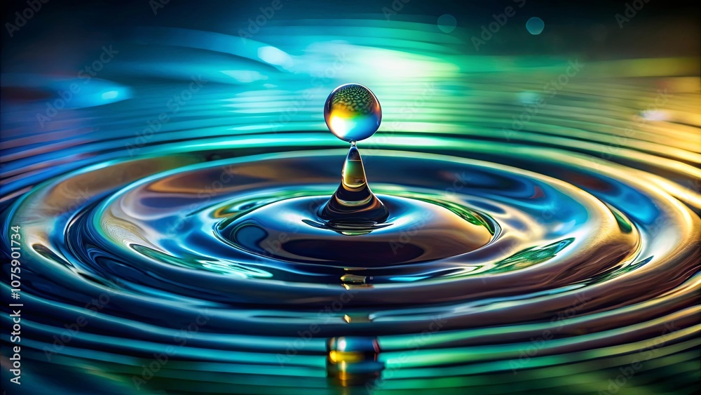 A single iridescent droplet of water creates concentric ripples on a shimmering surface, reflecting the colorful hues of the surrounding environment. A single iridescent droplet of water creates concentric ripples on a shimmering surface, reflecting the colorful hues of the surrounding environment.