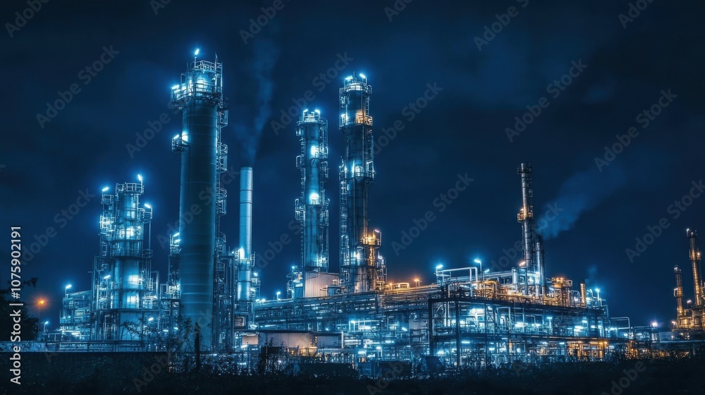Oil refinery with bright lights illuminating towering structures Oil refinery with bright lights illuminating towering structures