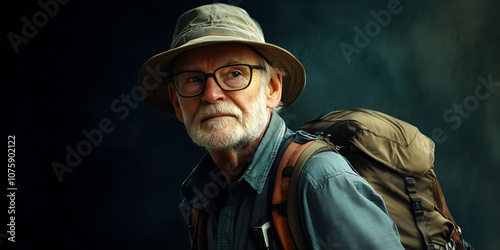 The seasoned Traveler: Portrait of a contemplative senior man, with backpack and hat, embarking on an adventure. A seasoned explorer, ready for his next journey.