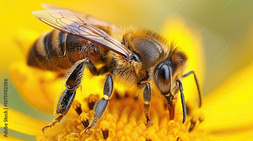 A close-up view of a bee collecting pollen from a yellow flower. A close-up view of a bee collecting pollen from a yellow flower.