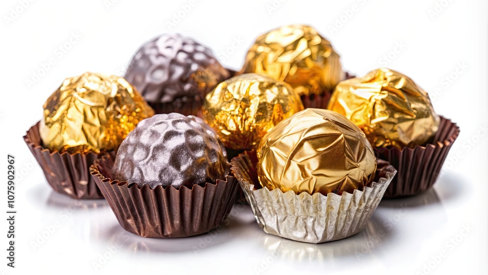 Chocolate candies in shiny foil wrappers isolated on white background, chocolate, candies, foil, wrappers, sweet Chocolate candies in shiny foil wrappers isolated on white background, chocolate, candies, foil, wrappers, sweet