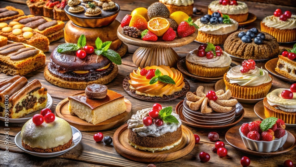 An elegant showcase of delightful pastries and desserts awaits, offering an array of cakes, tarts, and tempting sweets designed for pure indulgence and enjoyment.
