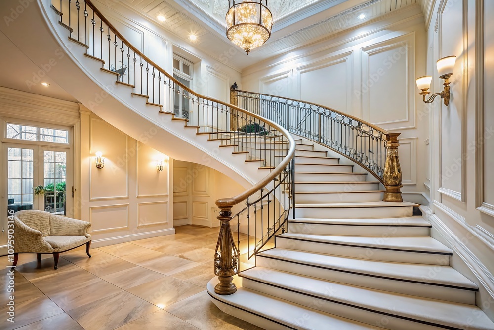 Obraz premium Stunning Classic Staircase with Creamy White Finish, Perfect for Real Estate Photography Showcasing Luxurious High-End Property Listings with Ample Natural Light and Space