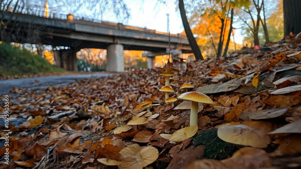 Mushrooms grow near a bridge in an autumnal forest Mushrooms grow near a bridge in an autumnal forest