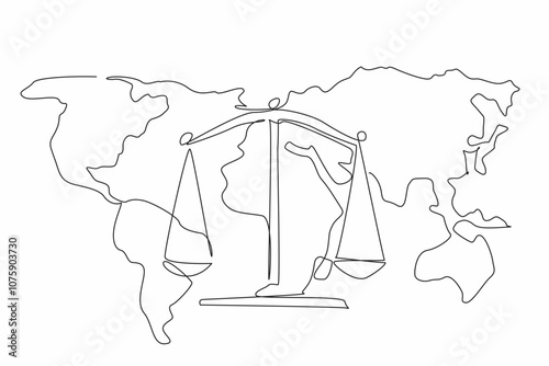 Single one line drawing scales on world map background. Justice and impartiality. Importance of global cooperation. Balance. World Day of Social Justice. Continuous line design graphic illustration