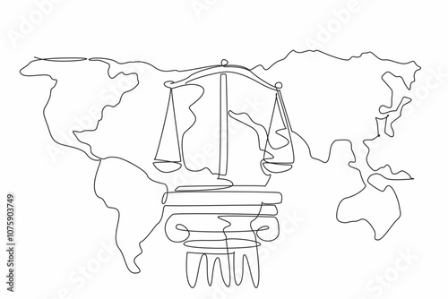 Single one line drawing scales on concrete pillars on the world map background. The foundation of a just society. Stability. World Day of Social Justice. Continuous line design graphic illustration