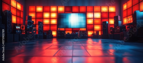 Red and Blue Room with a Wall of Speakers photo