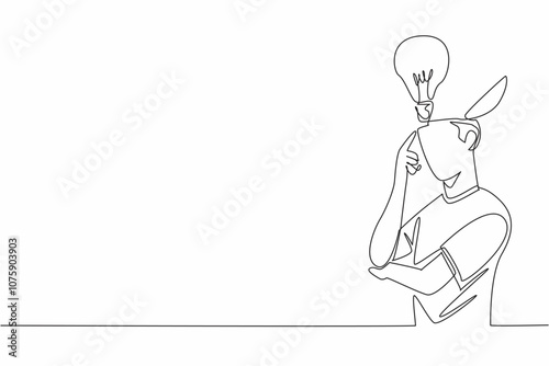 Continuous one line drawing person deep in thought with a lightbulb hovering above head. Creativity, inspiration and a brilliant idea. World Thinking Day. Single line draw design vector illustration